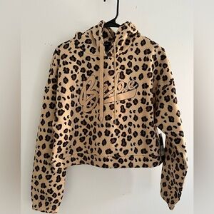 BEBE Leopard Print Cropped Hoodie Size Medium Brown Tan Black